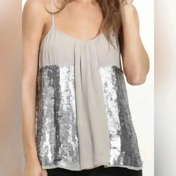 NWT Joie Silk Silvana Silver Ruffle Front Sequin tank Top Cami size S - Picture 1 of 10
